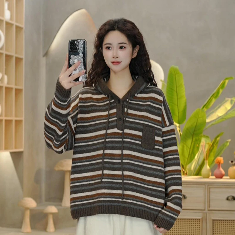 5127 冬季新款连帽长袖条纹针织开衫休闲时尚百搭毛衣上衣