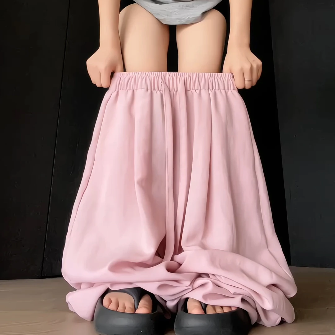 粉色气球弯刀裤女夏季薄款高腰垂感防晒裤慵懒风亚麻冰丝阔腿裤子