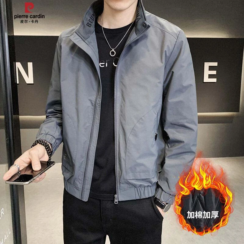 皮尔卡丹春秋新款立领加棉夹克男士纯色简约加厚气质韩版帅气外套
