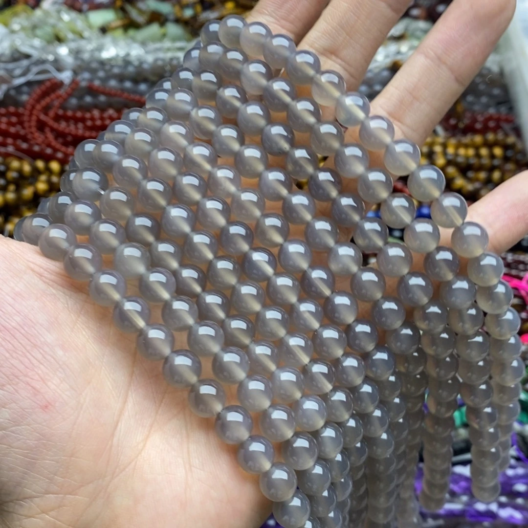 玛瑙/玉髓未镶嵌珠宝半成品一条3A天然8mm冰透灰玛瑙圆珠