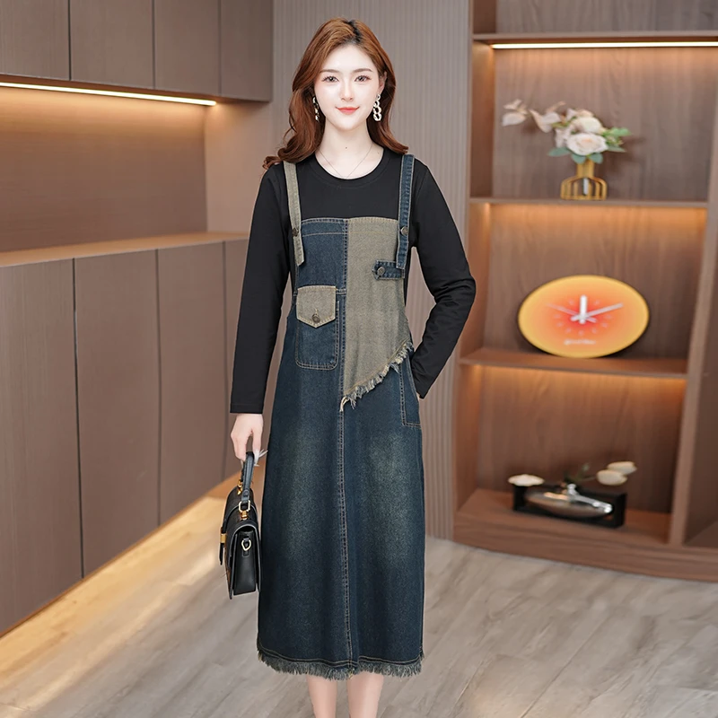 春季新款牛仔连衣裙假两件背带裙牛仔裙时尚洋气设计感