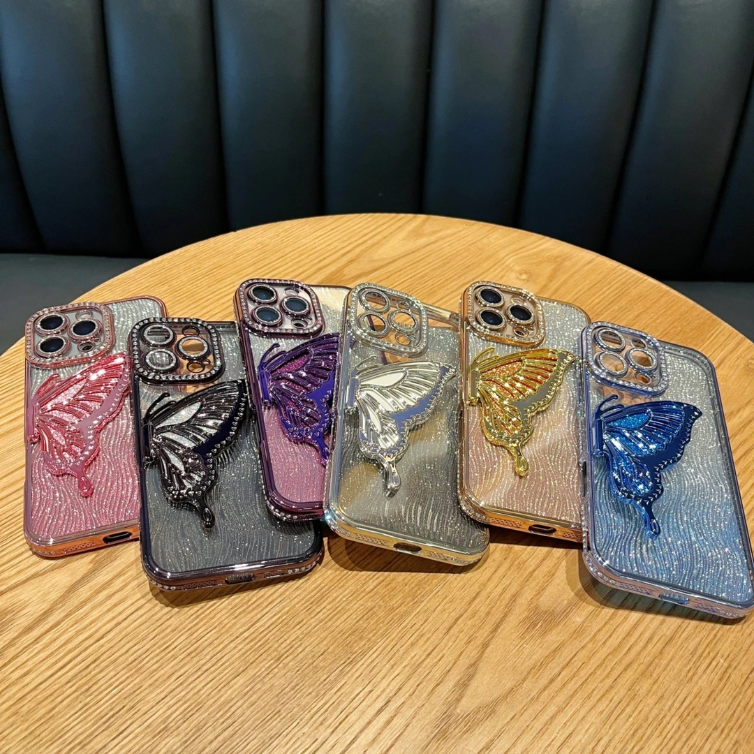 01044方形镶钻边钻电镀渐变水波闪粉纸+大蝴蝶支架适用iPhone13pr