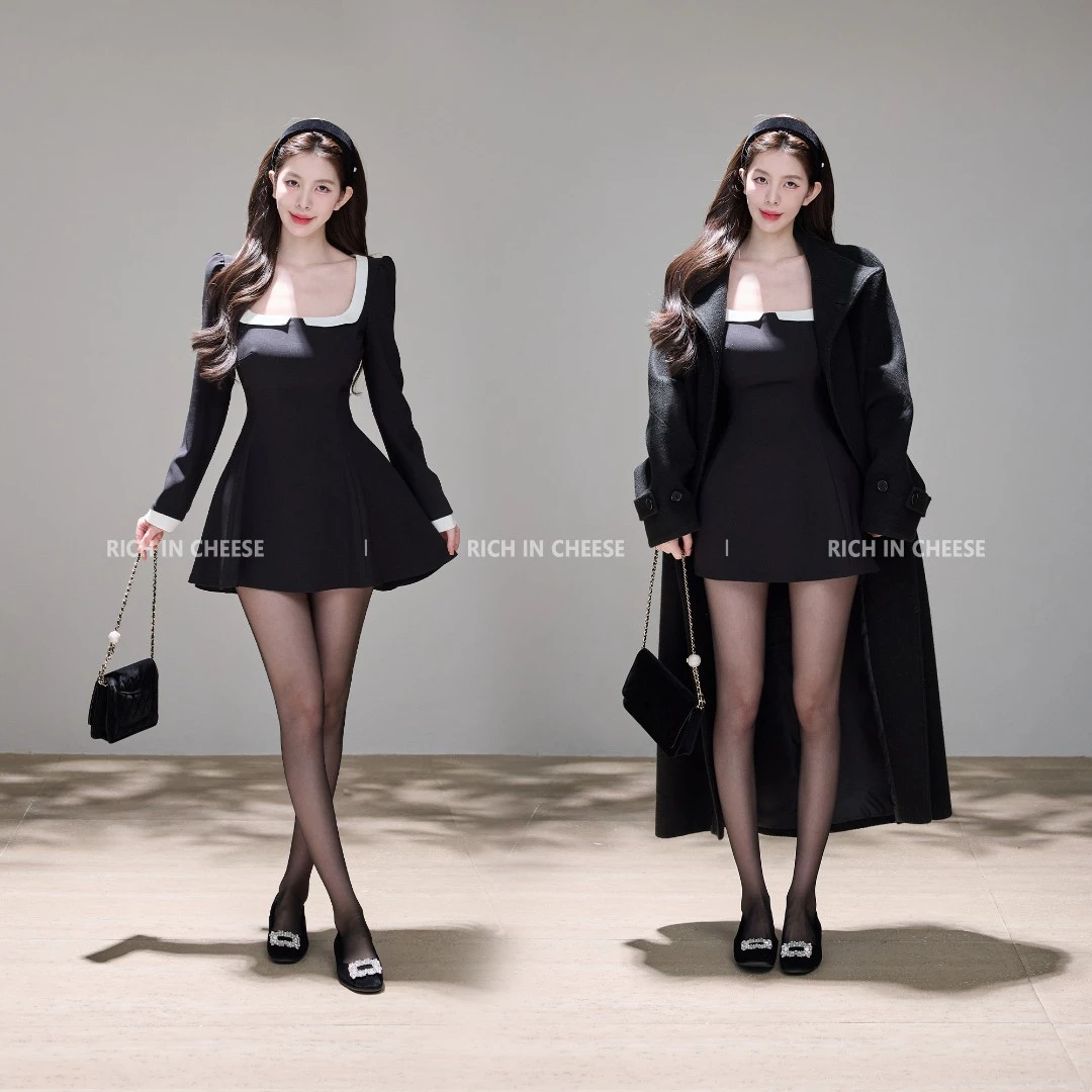 舒胡蕾 赫本少女 秋冬千金感名媛高级撞色拼接显瘦短款收腰连衣裙