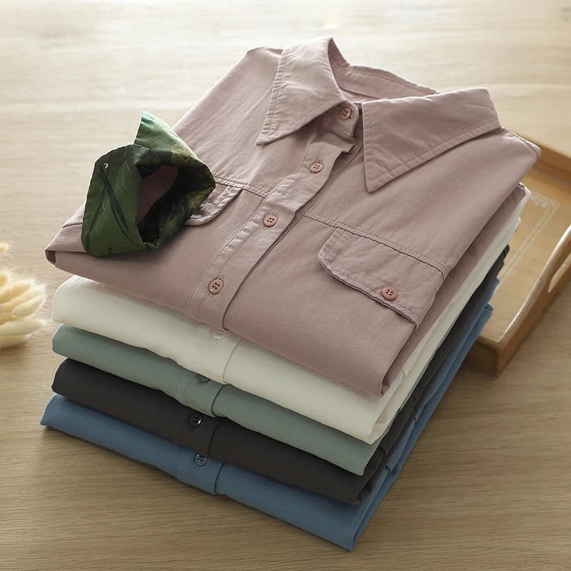 705明线口袋白色水洗纯棉衬衫女秋季新款韩版宽松休闲衬衣上衣