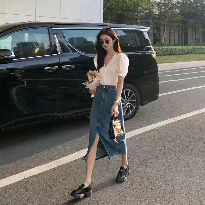 复古A字开叉牛仔半身裙女新款高腰遮肉显瘦包臀裙