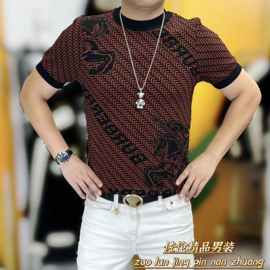 7711秋季新款常规印花针织衫百搭圆领男士提花字母短袖打底