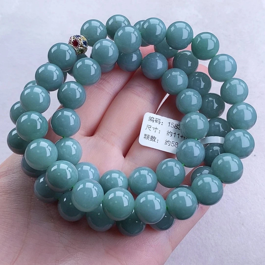 玉石项链 正品天然A货翡翠 冰蓝水圆珠项链 卡11+ 男士 气质 长链