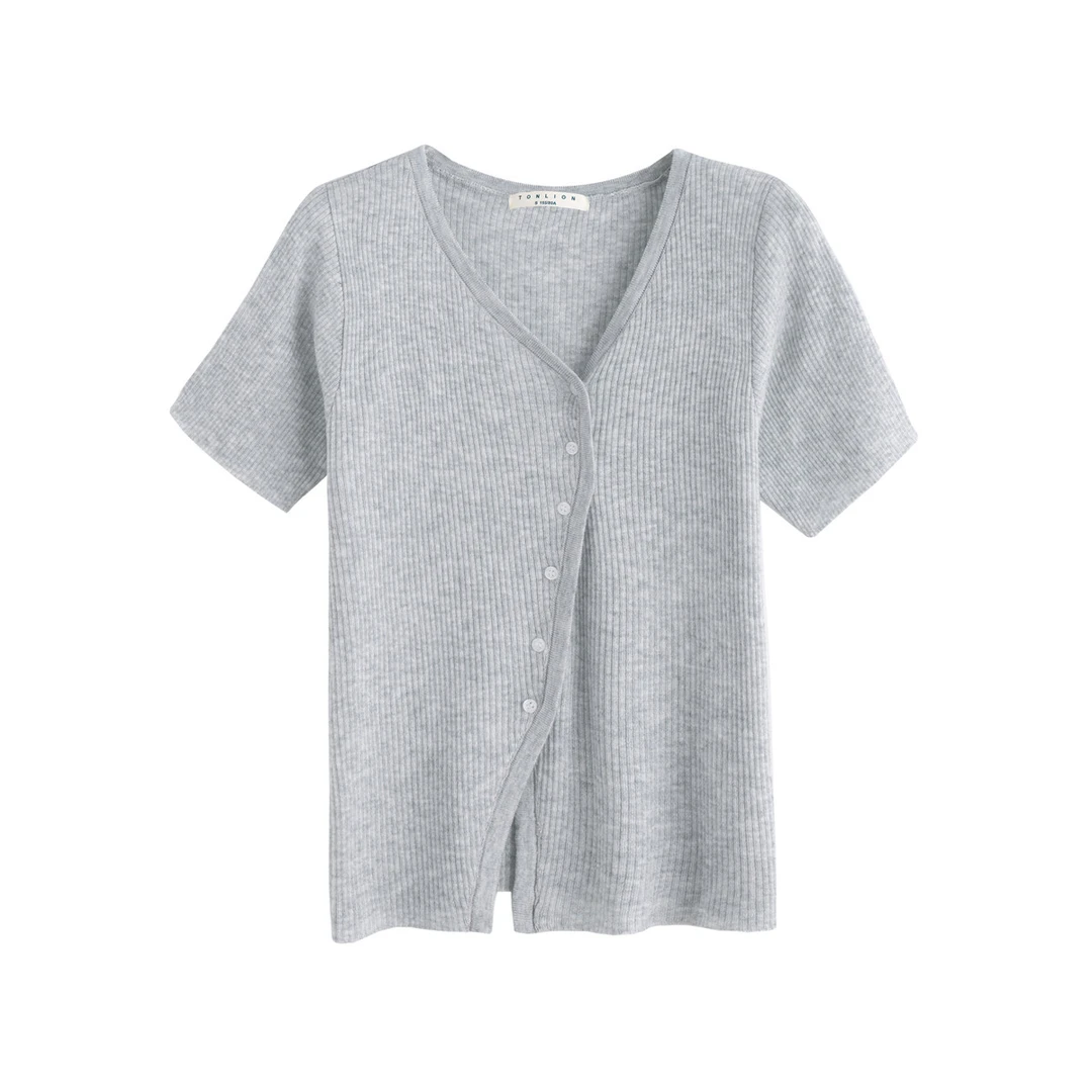 D1143 唐狮2025夏季女韩系微弹简约风设计感斜襟V领设计开衫短袖