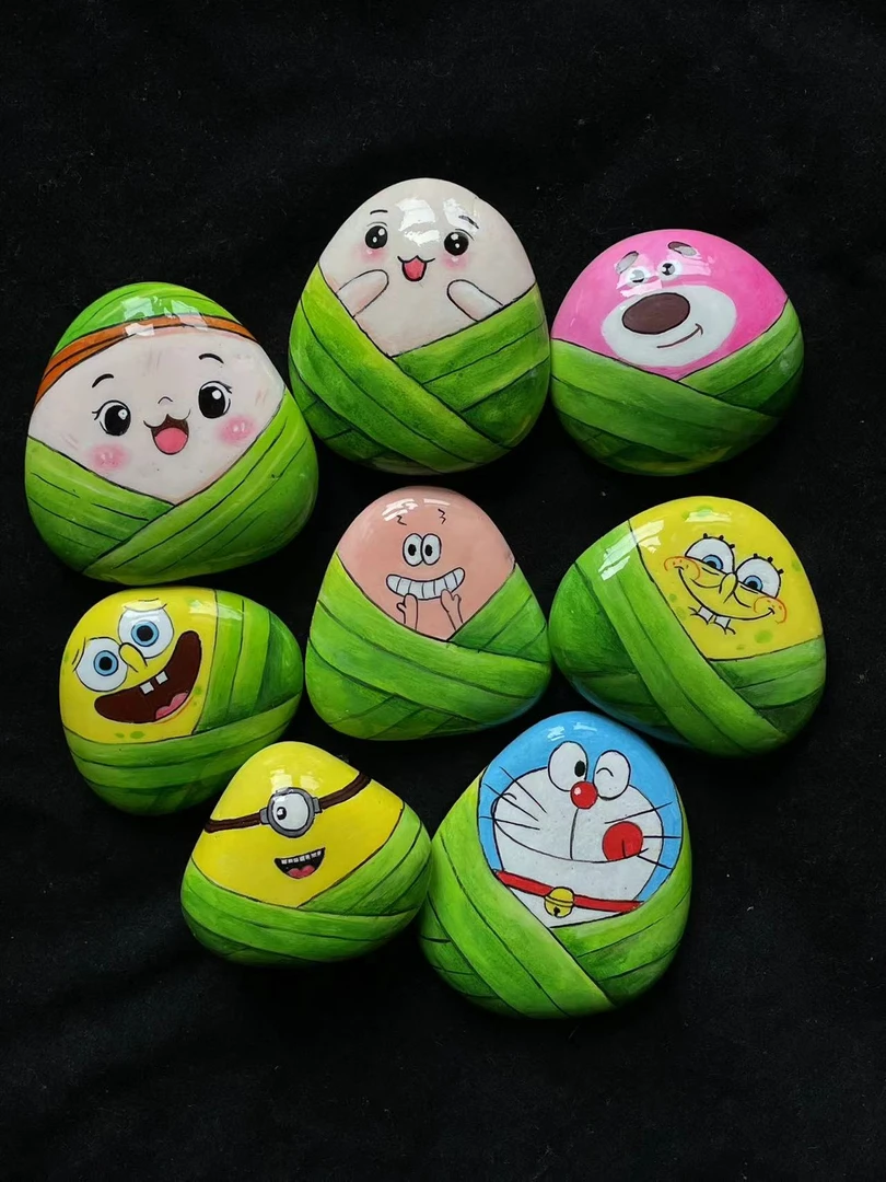 涂小图学生网红石头画卡通小粽子压书石摆件成品创意可爱纯手绘