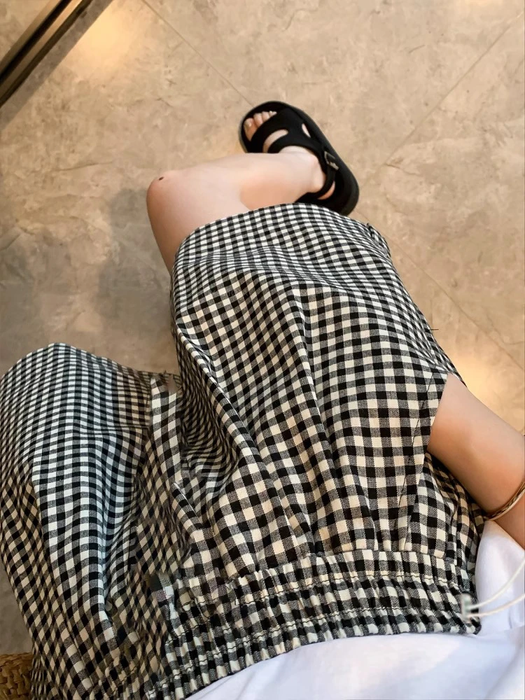 孕妇装夏装黑白格子短裤无托腹阔腿裤宽松显瘦孕妇休闲五分裤夏季