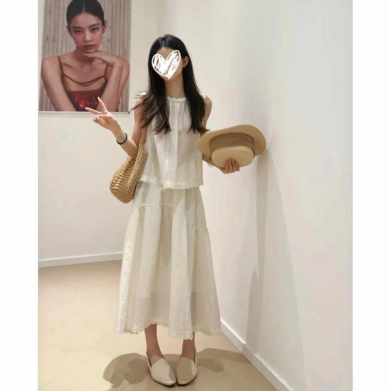 夏款韩系减龄木耳边无袖背心a字显瘦休闲百搭松紧腰半身裙两件套