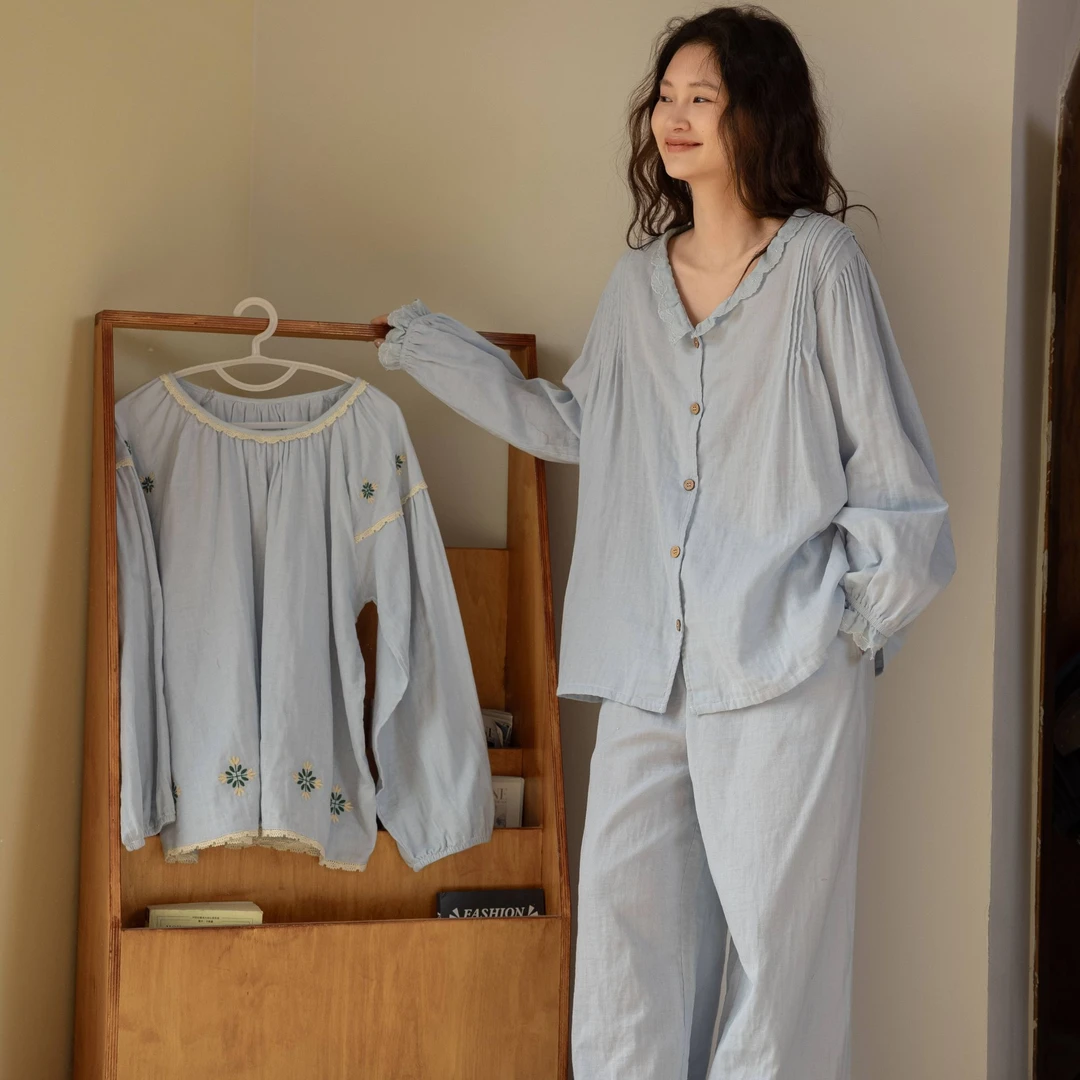 族玛士春秋季睡衣女套装长袖长裤蓝色纯棉纱布宽松蕾丝法式家居服
