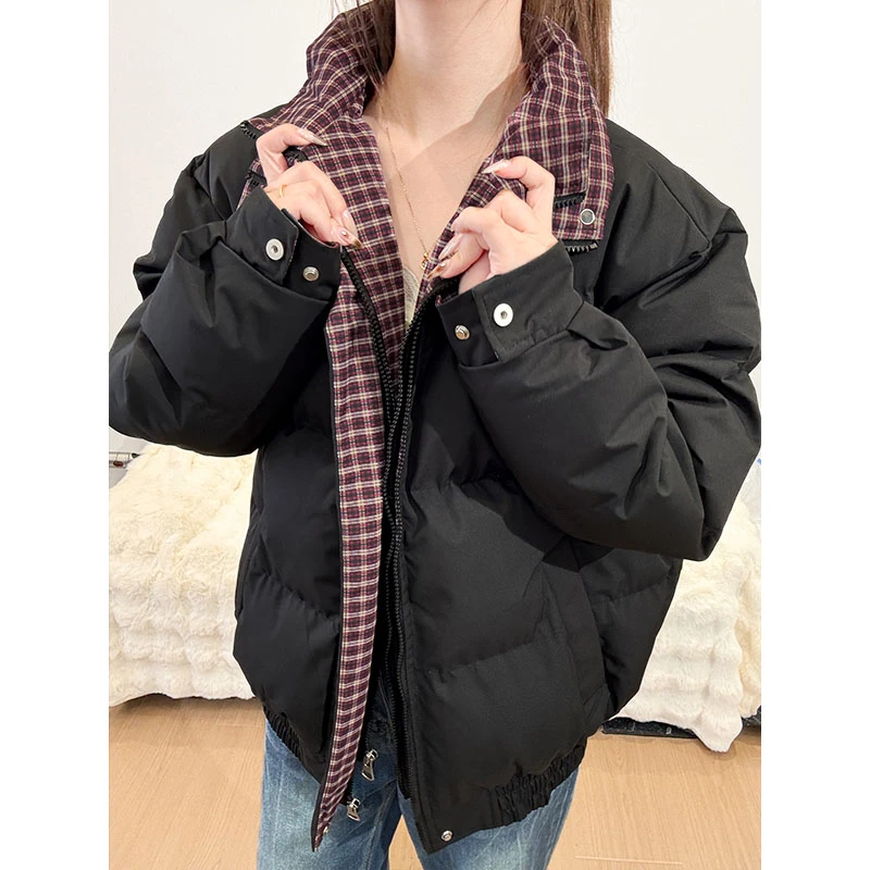 美式假两件格纹立领羽绒棉服男款冬季加厚保暖棉袄高级感棉衣外套