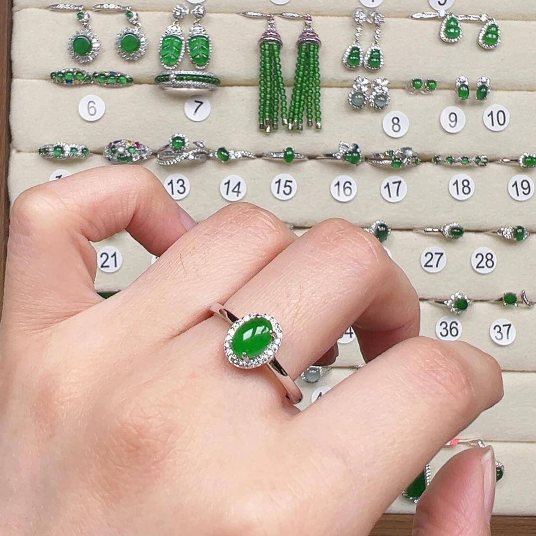 翡翠银S925镶嵌戒指天然