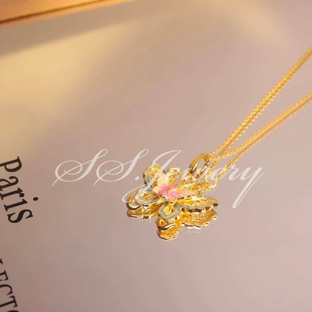 链子925银 SS JEWELRY双生蝶珐琅春粉蝴蝶新中式项链