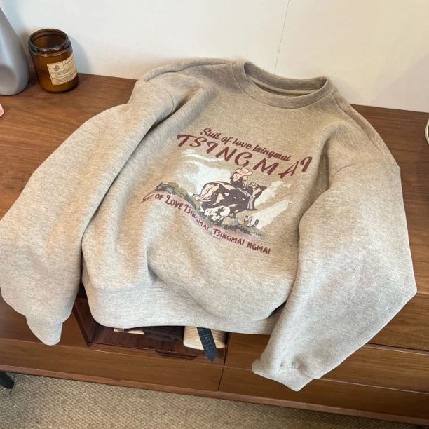 MUHOHUI脏脏灰卫衣双面绒绒时尚圆领宽松女印花卡通棉休闲卫衣