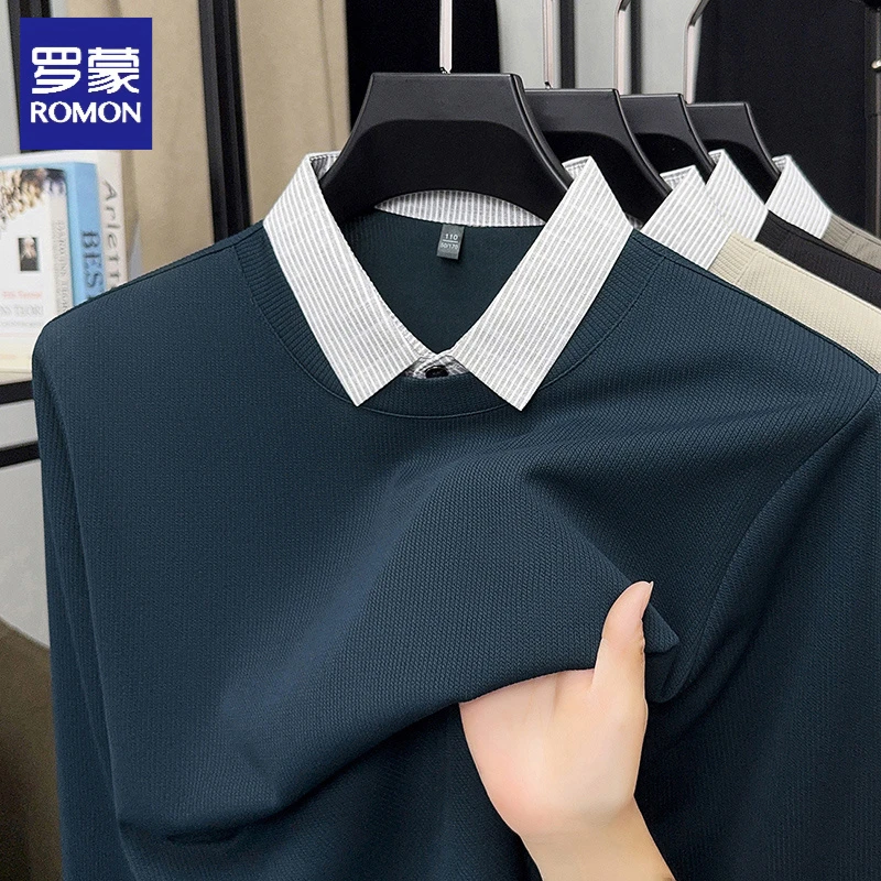 罗蒙假两件长袖t恤男衬衫领高级感商务休闲polo衫薄款透气上衣