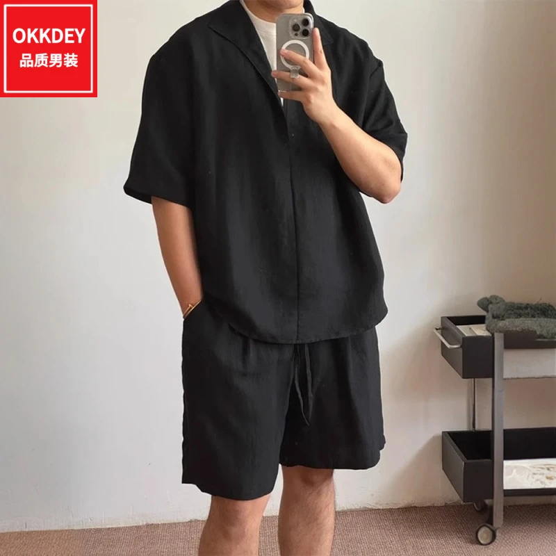 高端慵懒风V领短袖衬衫棉麻短裤套装男士夏季薄款休闲运动两件套