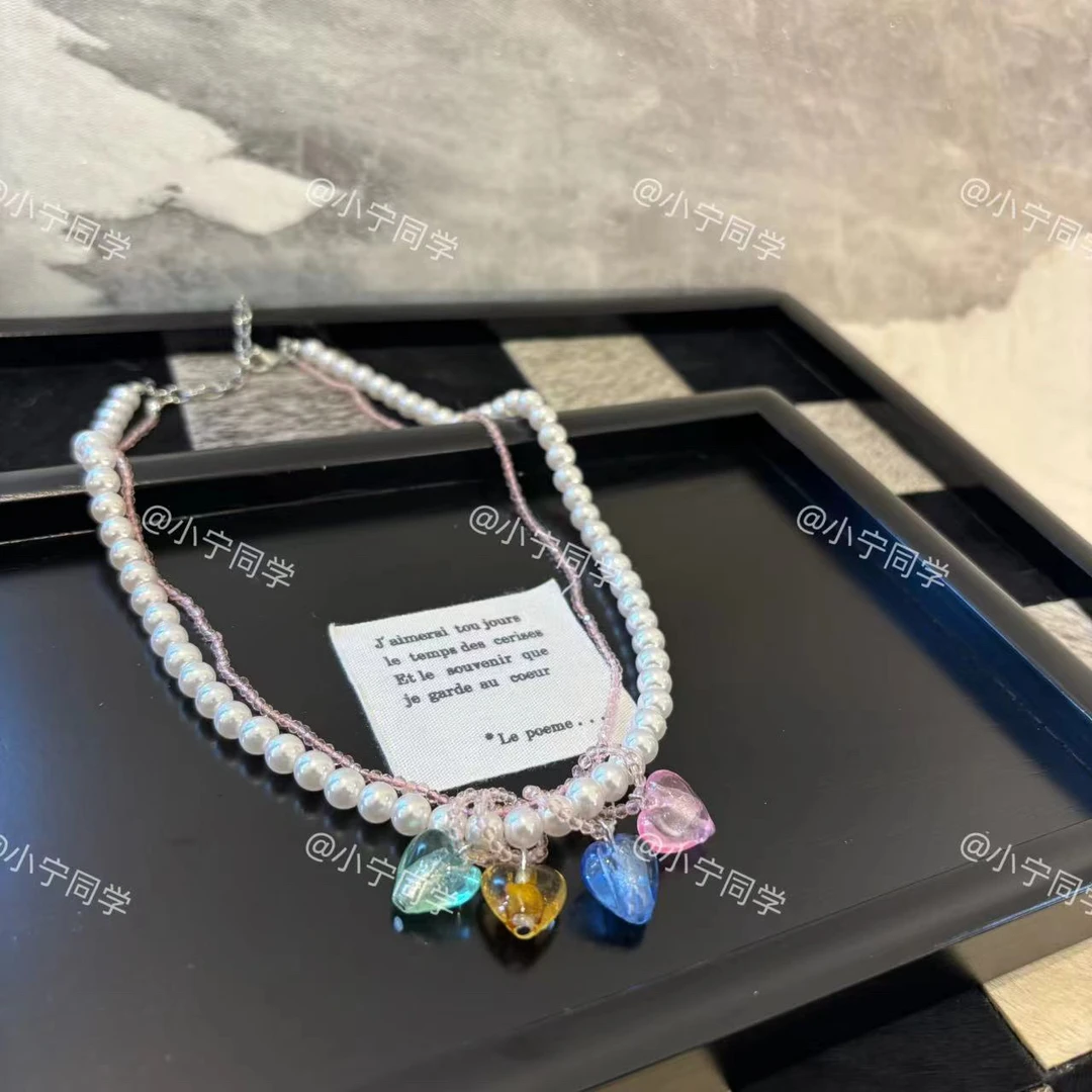 铜合金仿珍珠项链 双层多个爱心zz项链-XL2349