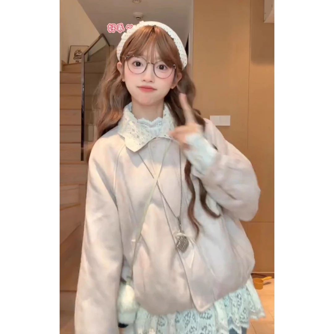 日系粉色甜美风花边领麂皮花苞外套女秋季设计感宽松短款夹克上衣