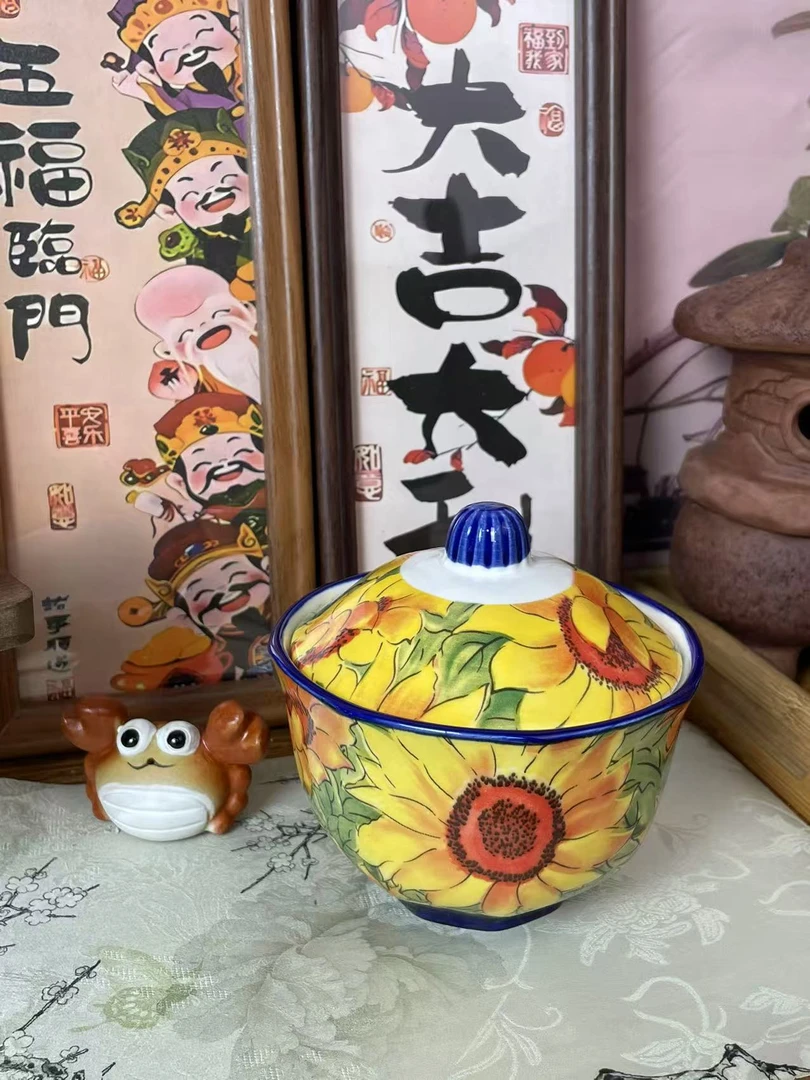 向日葵4.8英寸玲珑炖盅陶瓷带盖高颜值釉下彩陶瓷家用