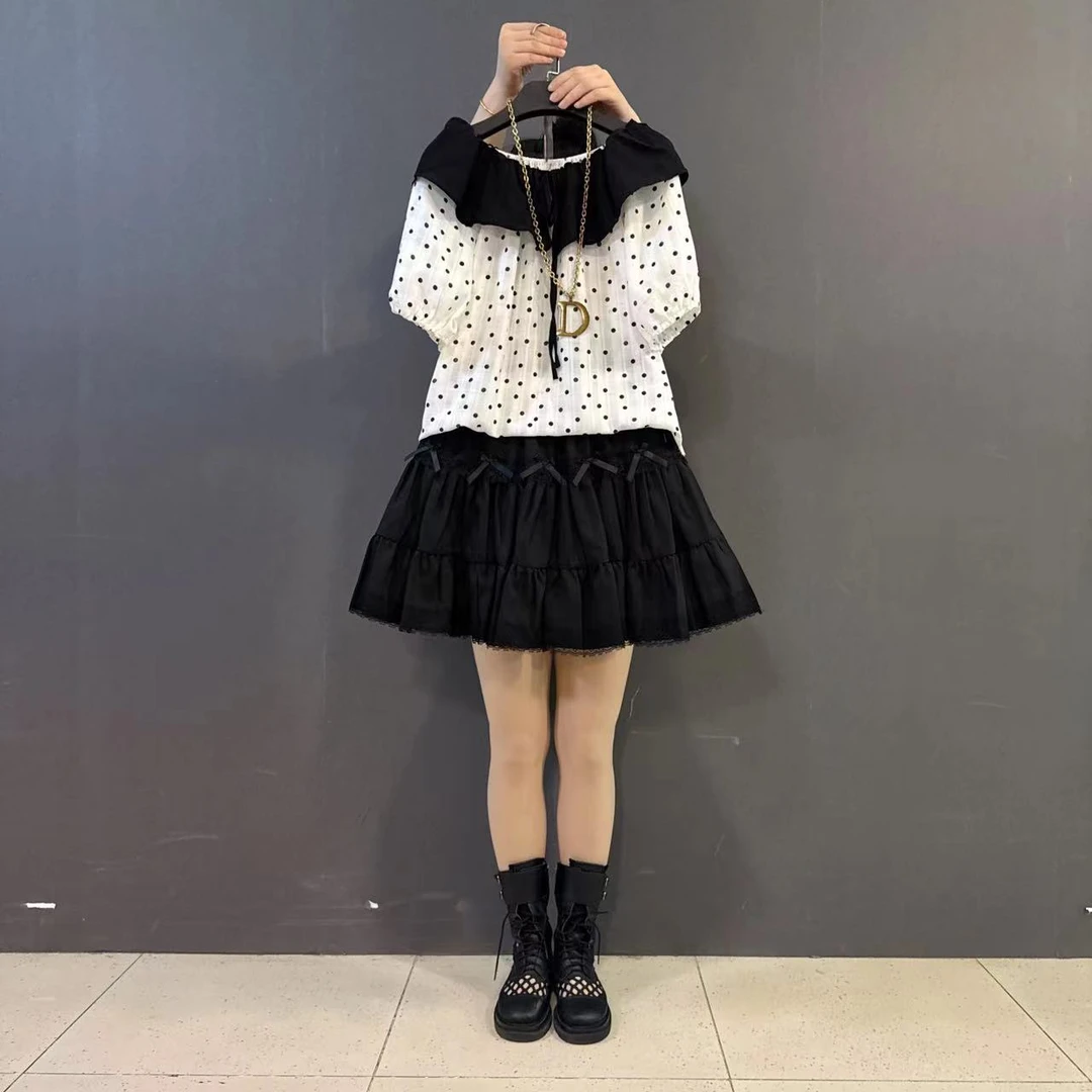 胖MM新款小清新一字肩波点上衣蝴蝶结半裙减龄两件套