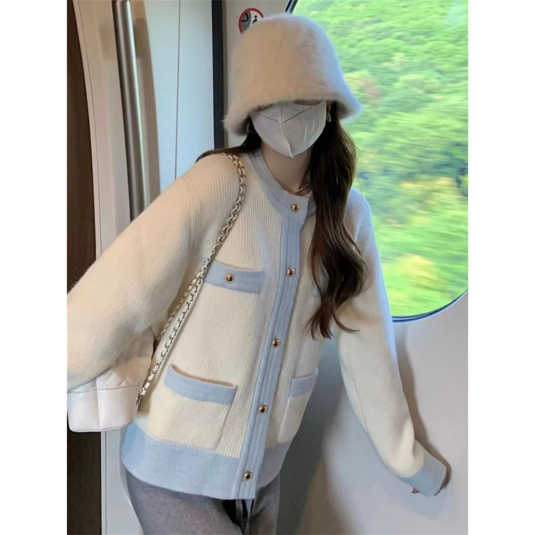 VOCKOO官方小香风撞色圆领毛衣外套女秋季大码胖MM显瘦宽松遮肚针