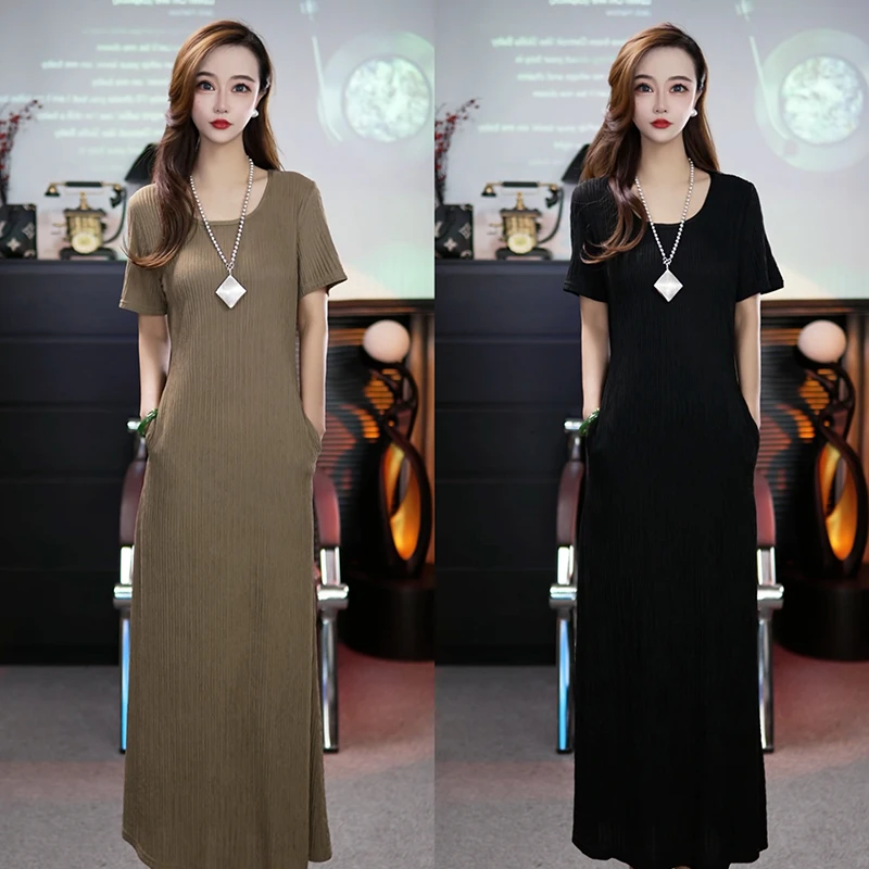 短袖长裙2025新款夏季简约连衣裙百搭宽松黑色气质休闲