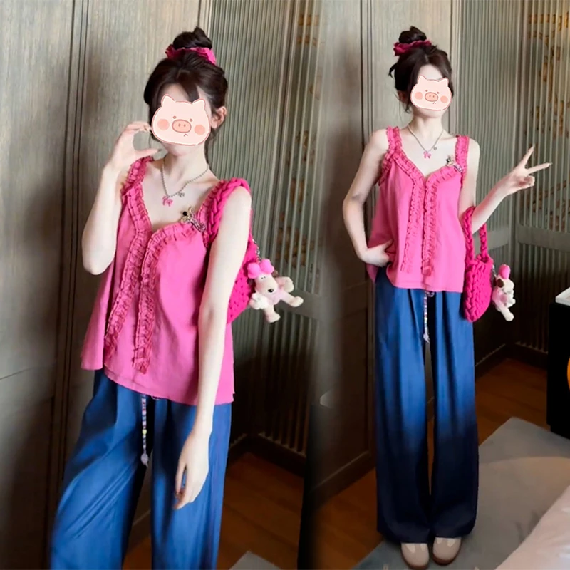 法式高级感洋气减龄吊带上衣女夏季爆款高腰阔腿垂感休闲裤两件套