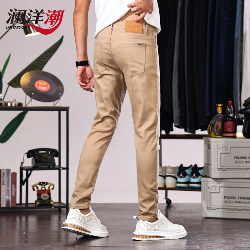 2025夏季爆款男士薄款卡其色牛仔裤弹力修身小脚百搭休闲长裤男款