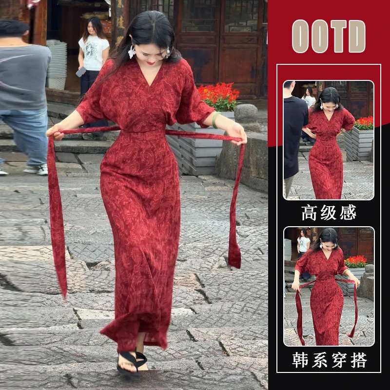 新中式女装精致茶歇裙2025年夏季设计感气质绑带收腰显瘦连衣裙子