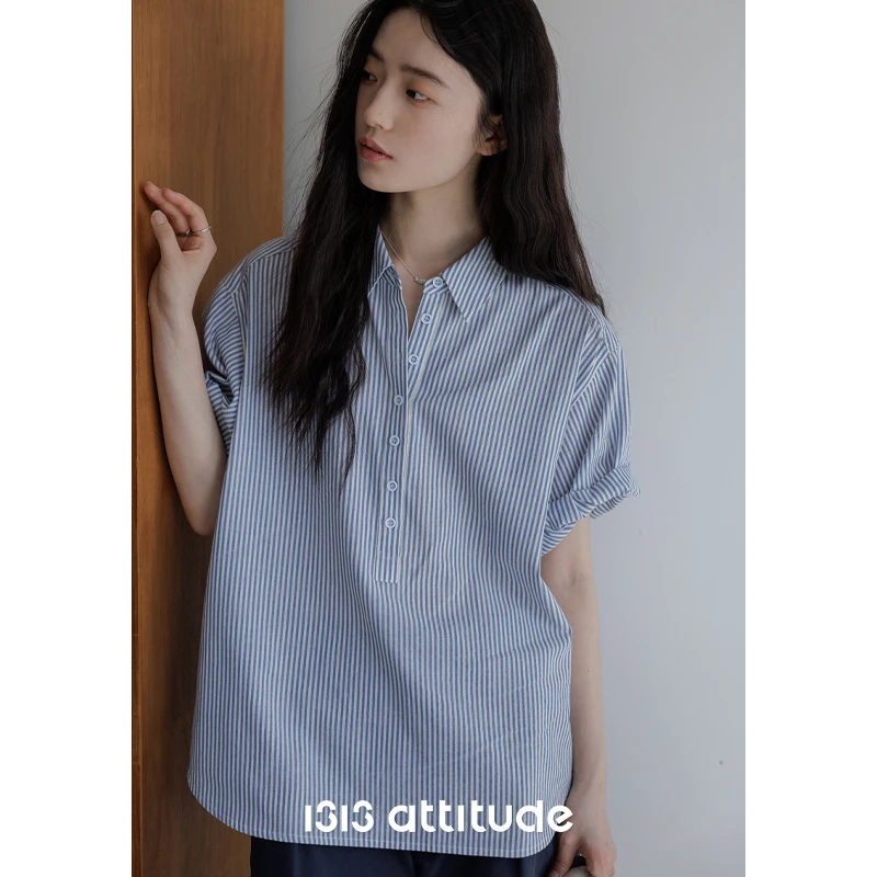 1313盐系气质蓝白条纹卷边短袖衬衫2025女夏半开襟宽松休闲polo衫