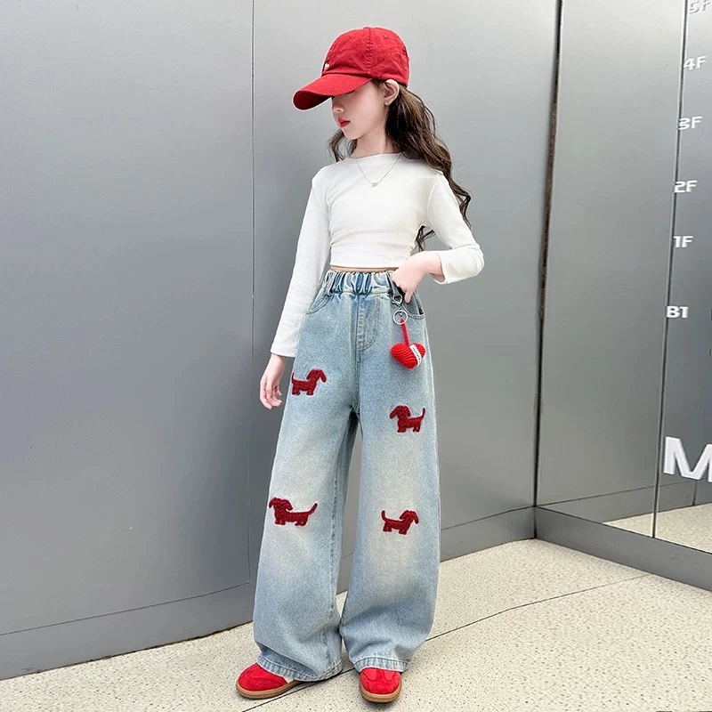 女童牛仔裤春秋新款儿童复古蓝色直筒阔腿裤早春裤子春装2025新款