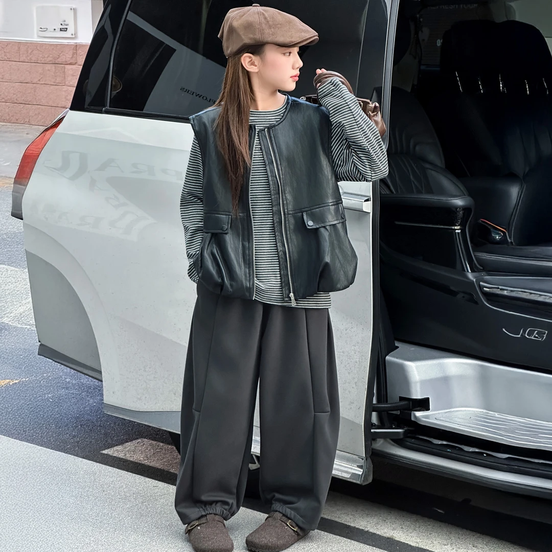 女童套装秋装2025新款儿童洋气时髦女大童春秋皮马甲卫衣三件套潮
