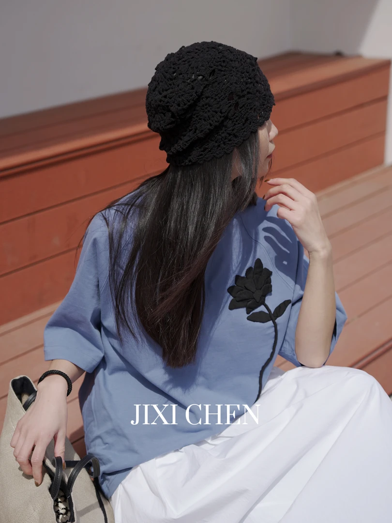 【JIXI CHEN】设计师款【陌上花开】休闲气质重工短T恤MC-8252063