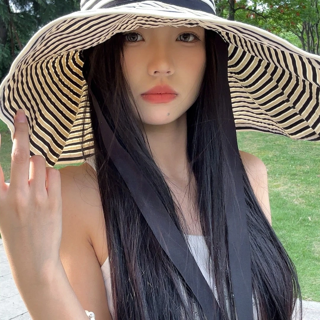 新款大檐韩版时尚遮阳太阳帽渔夫帽子女夏季海边出游护颈条纹