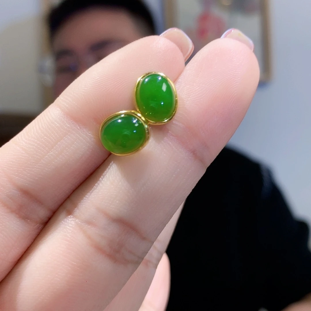 和田玉（碧玉）耳饰银S925镀金镶嵌