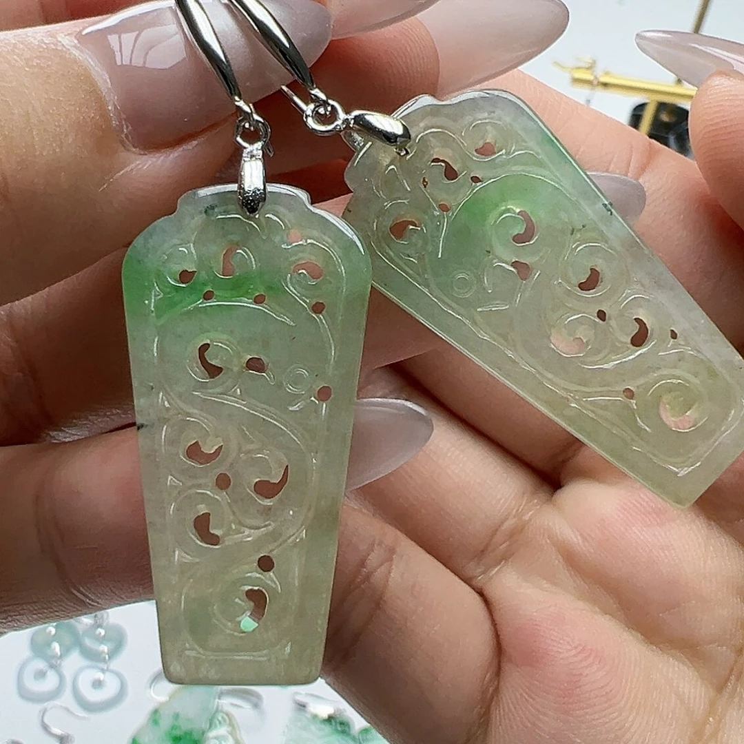银S925镶嵌翡翠耳饰天然缅甸A货翡翠
