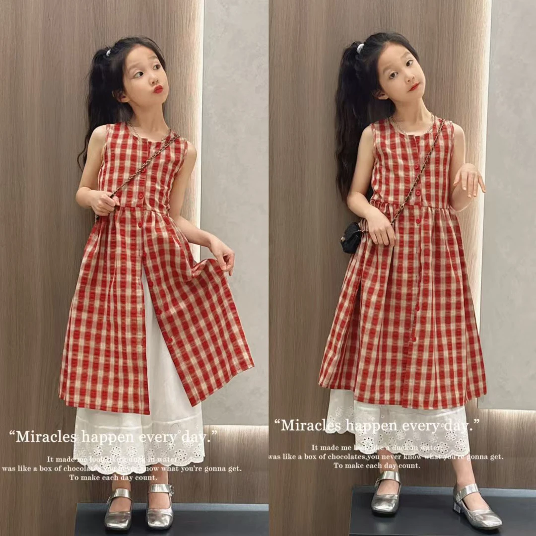 女童连衣裙夏季2025新款女大童韩系叠穿格子裙儿童夏装慵懒风裙子