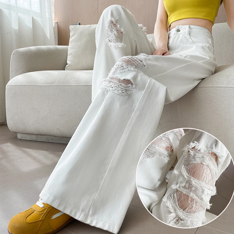 白色蕾丝破洞牛仔裤女2025夏季薄款高级感潮牌宽松遮肉阔腿拖地裤