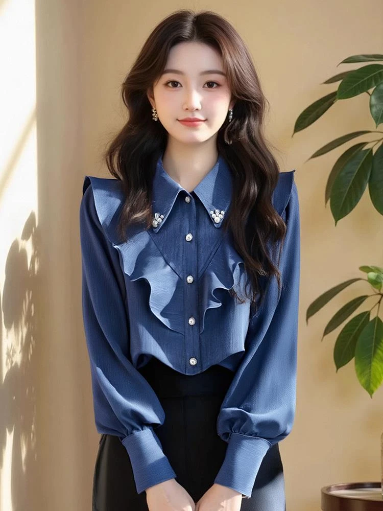 2025春季新款女装蓝色翻领荷叶边泡泡袖衬衫小众设计感超好看上衣