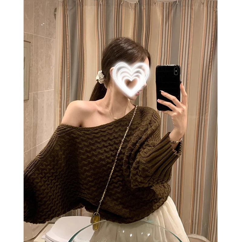 ACUN品牌 慵懒立体粗针绞花斜肩棕色毛衣女高级感温柔软糯针织衫