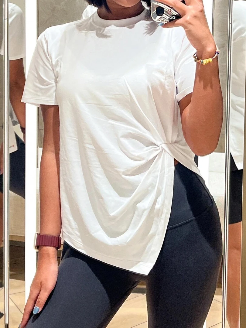 Side常规款宽松型瑜伽单侧开口圆领运动健身T恤显瘦短袖跑步百搭