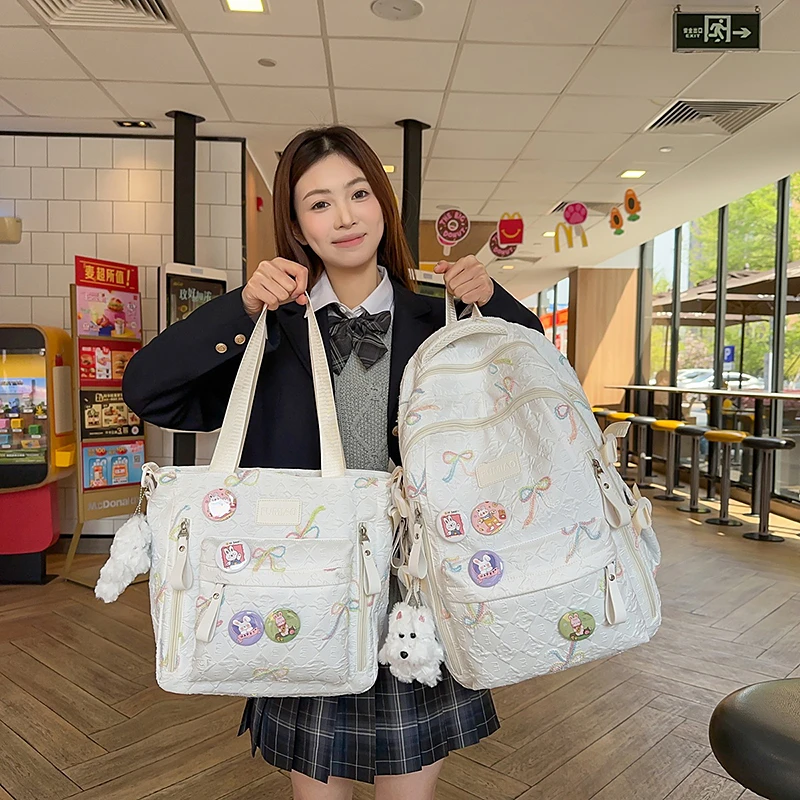 女韩版蝴蝶结一体式拉链双肩书包森系大学生山系国风印花双肩包女