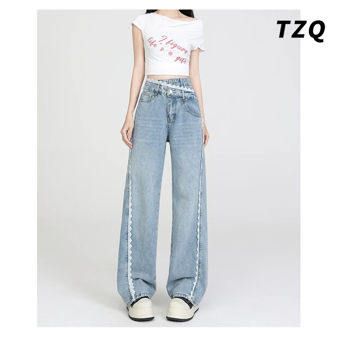 蕾丝设计洋气阔腿牛仔裤女款爆款2025年新款高腰宽松窄版直筒裤子