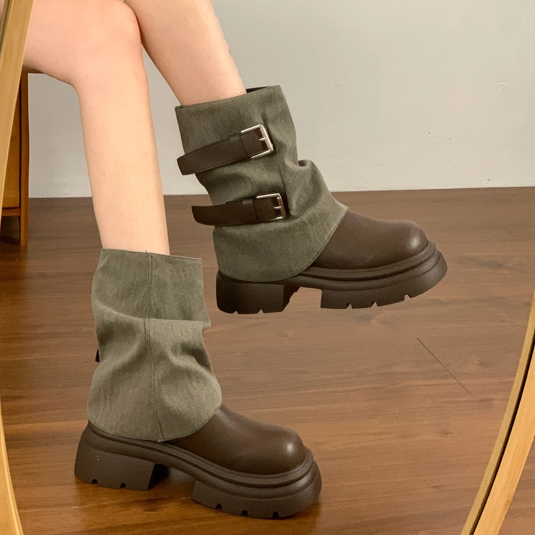 美拉德棕色复古短靴女2025新款秋季超火增高小个子厚底炸街裤管靴