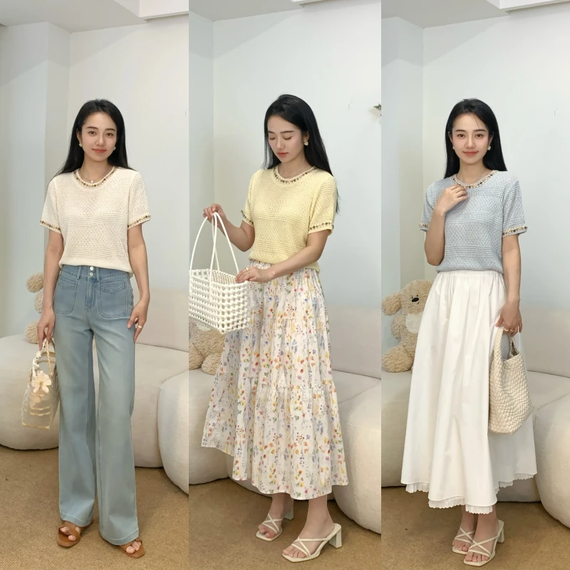 【岸边拾贝】2025年夏季百搭短袖针织T恤上衣1520705TT