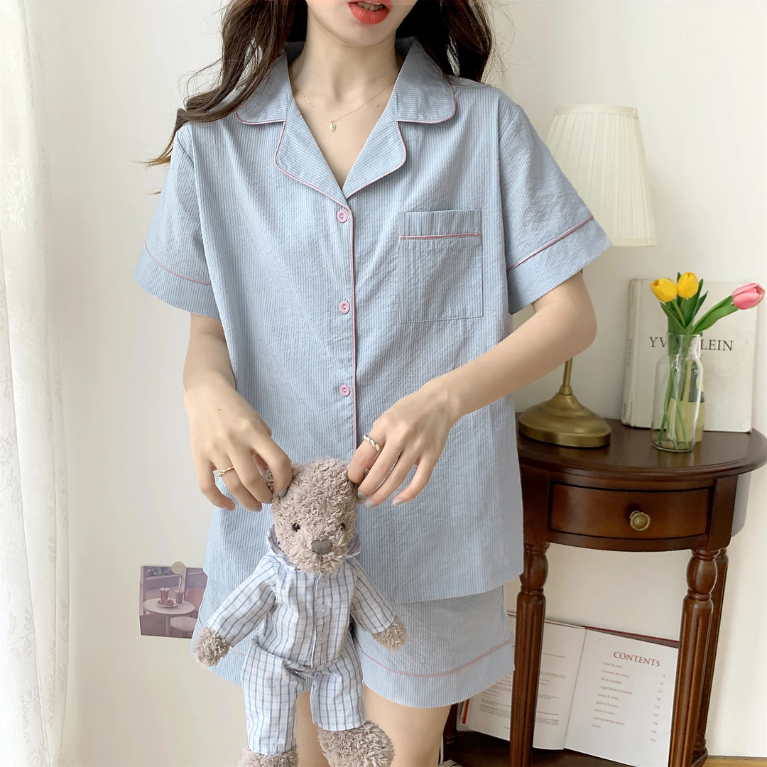 夏季短袖条纹套装韩版ins纯棉睡衣女简约休闲薄款两件套家居服