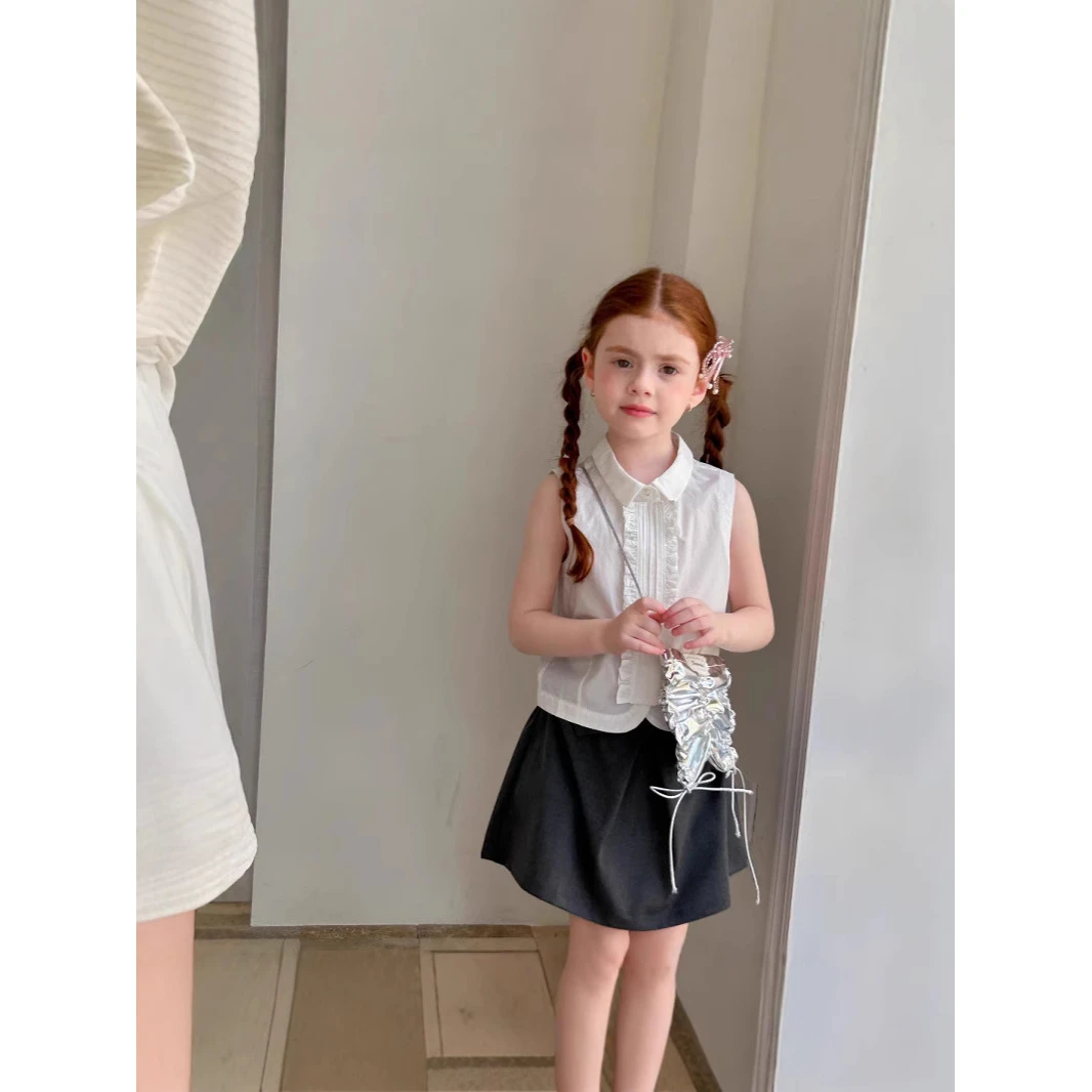 57228夏装新款女童小众设计感荷叶边花边无袖背心儿童衬衫上衣