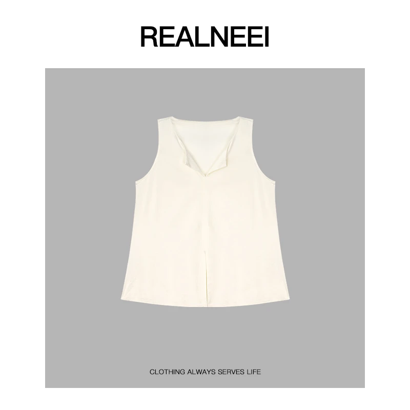 REALNEEI【肯豆同款】极简白色棉感无袖薄款背心别致上衣21329